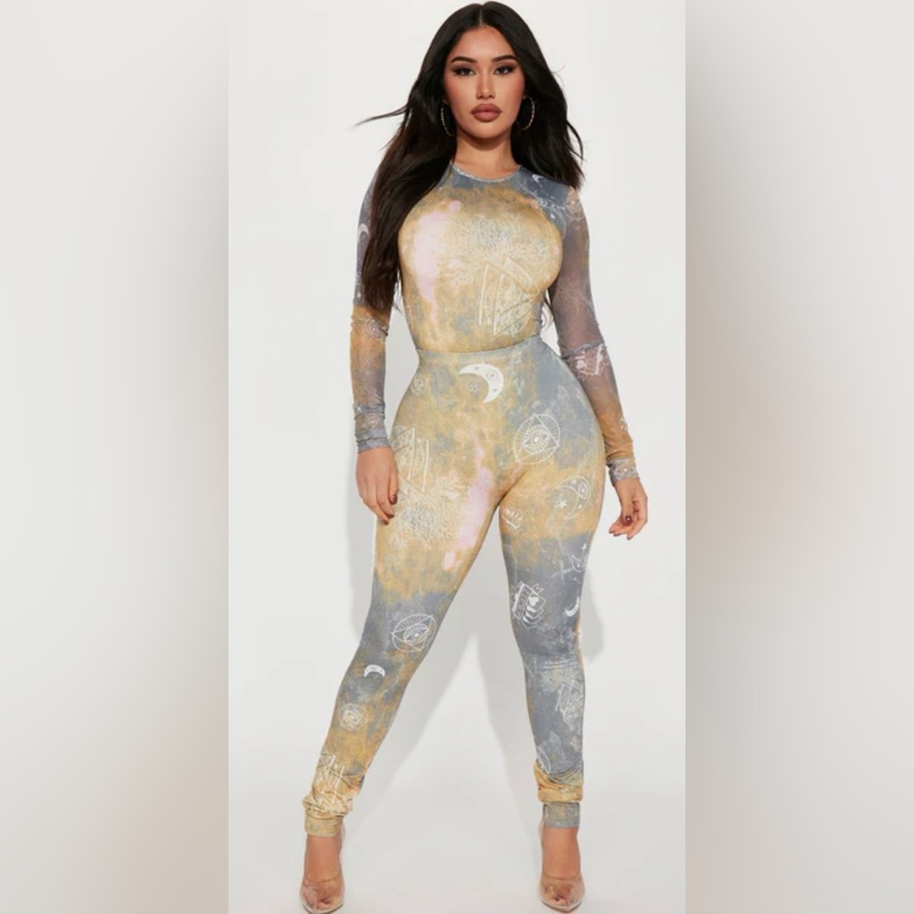 Fashion Nova Celestial Print Jumpsuit - Blue and Gold